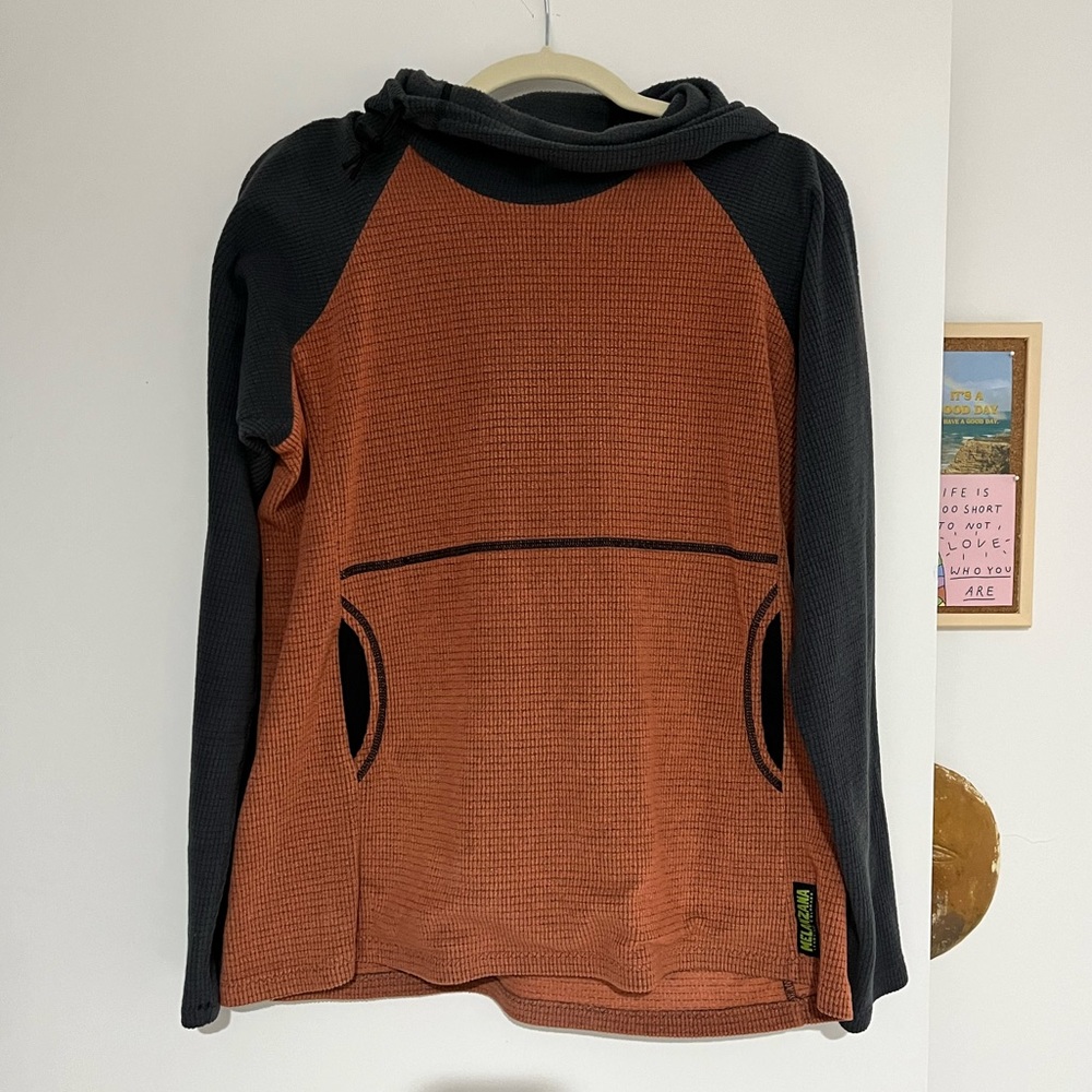 Orange and grey Menanzana hoodie. Women’s Large